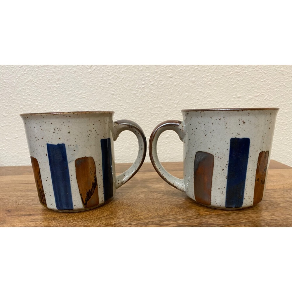 Vintage 70s MCM Coffee Mugs Glazed Beige Brown & Blue Stripes Shimmer Speckled - Picture 3 of 7